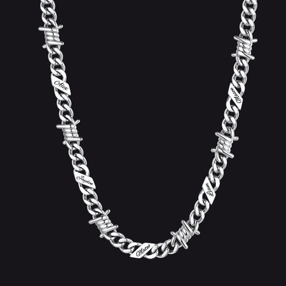 Custom name barbed gothic wire Cuban link chain necklace for men, silver 9mm with 5 engraved names