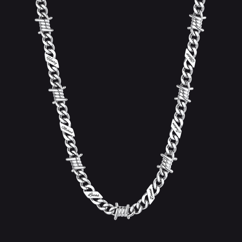 Custom name barbed gothic wire Cuban link chain necklace for men, silver 9mm with 6 engraved names