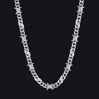 Custom name barbed gothic wire Cuban link chain necklace for men, silver 9mm with 6 engraved names