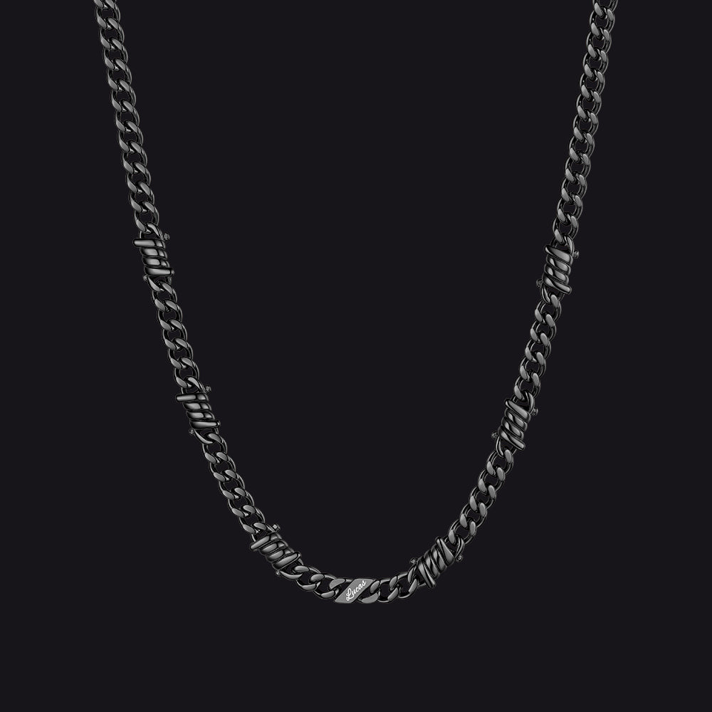 Custom name barbed gothic wire Cuban link chain necklace for men, black 5mm with 1 engraved name