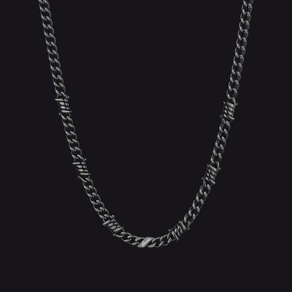 Custom name barbed gothic wire Cuban link chain necklace for men, black 5mm with 1 engraved name