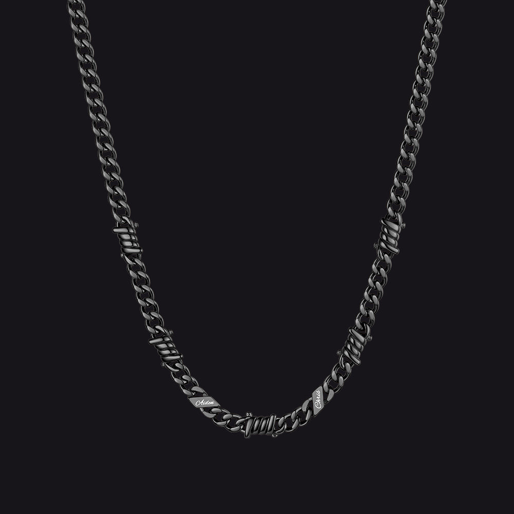 Custom name barbed gothic wire Cuban link chain necklace for men, black 5mm with 2 engraved names