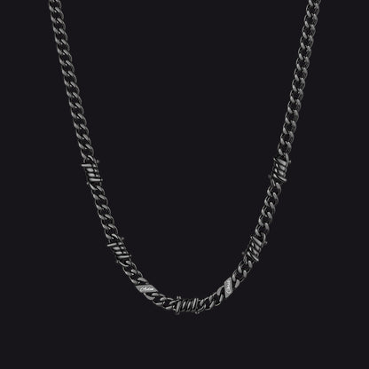 Custom name barbed gothic wire Cuban link chain necklace for men, black 5mm with 2 engraved names