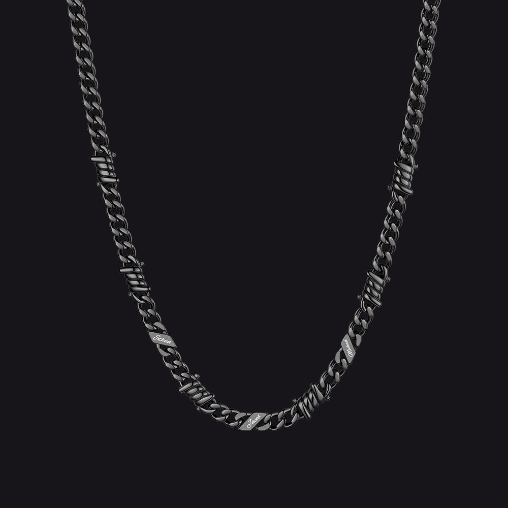 Custom name barbed gothic wire Cuban link chain necklace for men, black 5mm with 3 engraved names