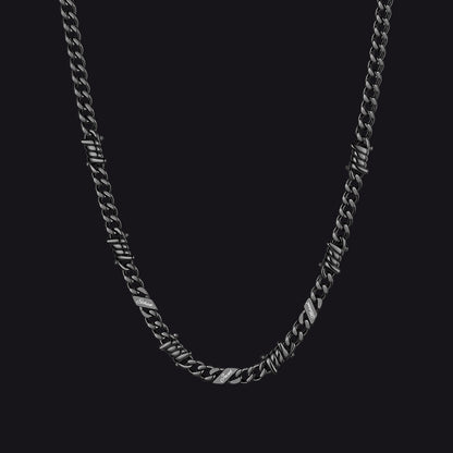 Custom name barbed gothic wire Cuban link chain necklace for men, black 5mm with 3 engraved names