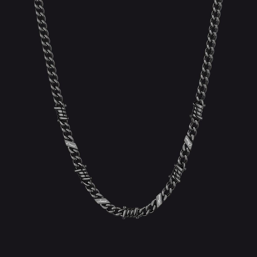 Custom name barbed gothic wire Cuban link chain necklace for men, black 5mm with 4 engraved names