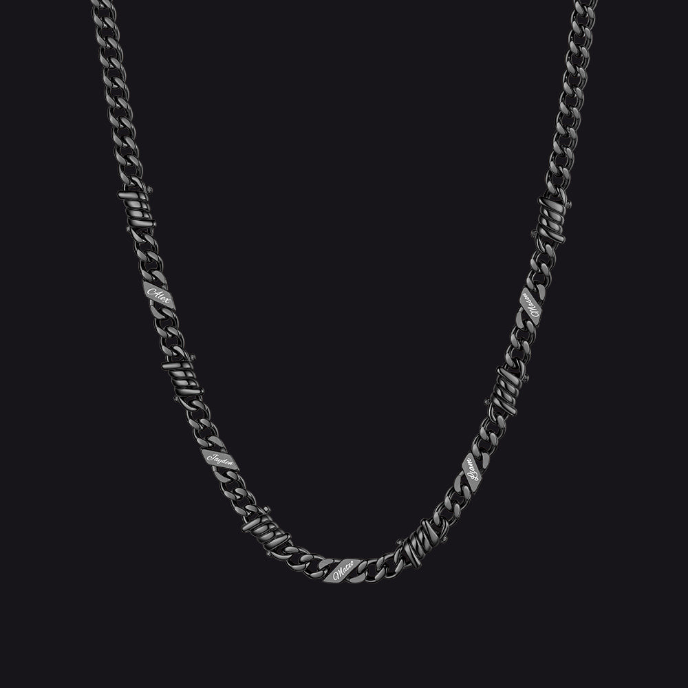 Custom name barbed gothic wire Cuban link chain necklace for men, black 5mm with 5 engraved names