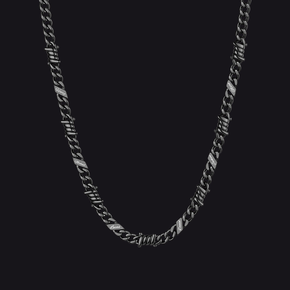 Custom name barbed gothic wire Cuban link chain necklace for men, black 5mm with 6 engraved names