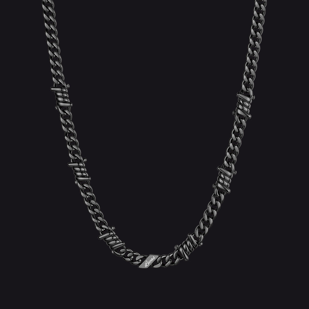 Custom name barbed gothic wire Cuban link chain necklace for men, black 7mm with 1 engraved name