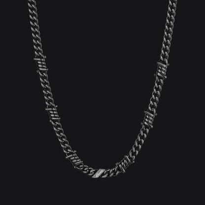 Custom name barbed gothic wire Cuban link chain necklace for men, black 7mm with 1 engraved name