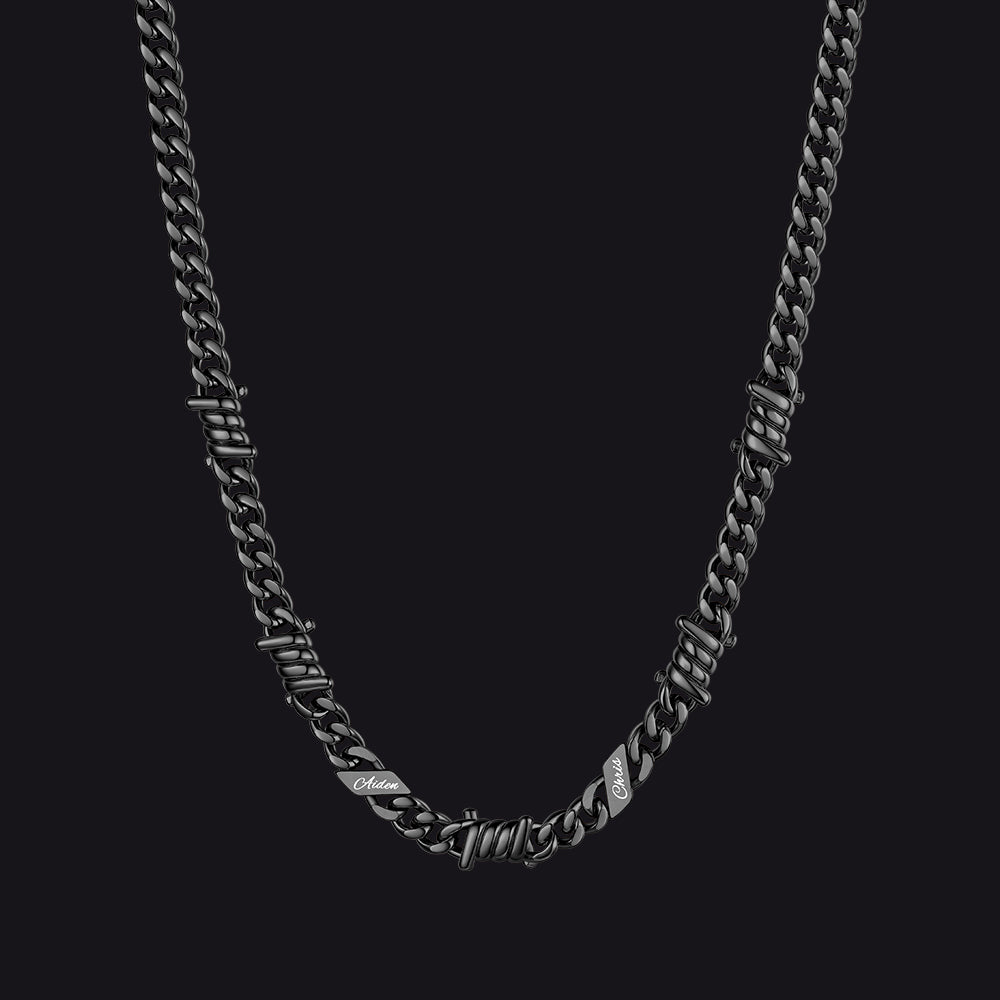 Custom name barbed gothic wire Cuban link chain necklace for men, black 7mm with 2 engraved names