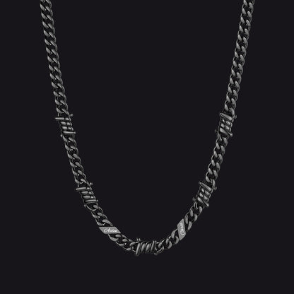 Custom name barbed gothic wire Cuban link chain necklace for men, black 7mm with 2 engraved names