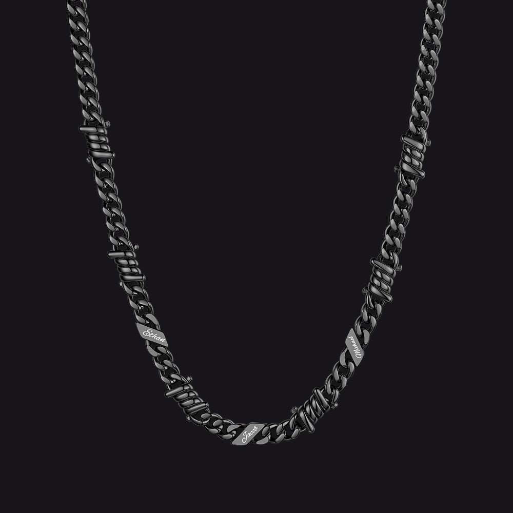 Custom name barbed gothic wire Cuban link chain necklace for men, black 7mm with 3 engraved names
