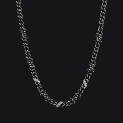 Custom name barbed gothic wire Cuban link chain necklace for men, black 7mm with 3 engraved names