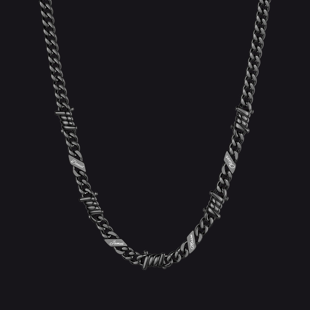 Custom name barbed gothic wire Cuban link chain necklace for men, black 7mm with 4 engraved names