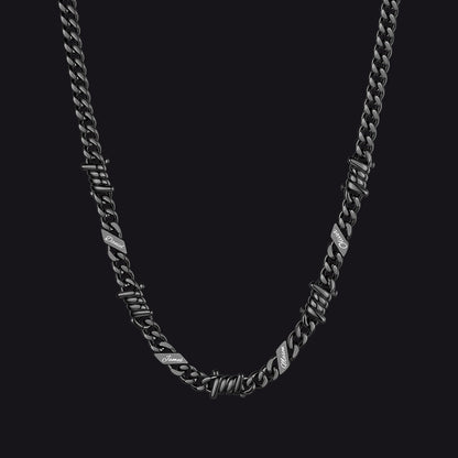 Custom name barbed gothic wire Cuban link chain necklace for men, black 7mm with 4 engraved names