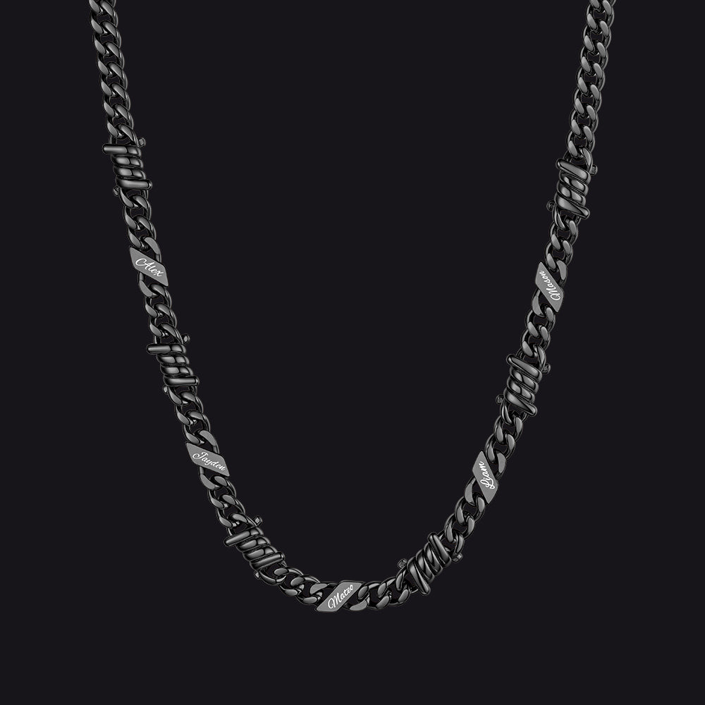 Custom name barbed gothic wire Cuban link chain necklace for men, black 7mm with 5 engraved names