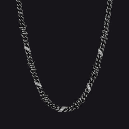 Custom name barbed gothic wire Cuban link chain necklace for men, black 7mm with 5 engraved names