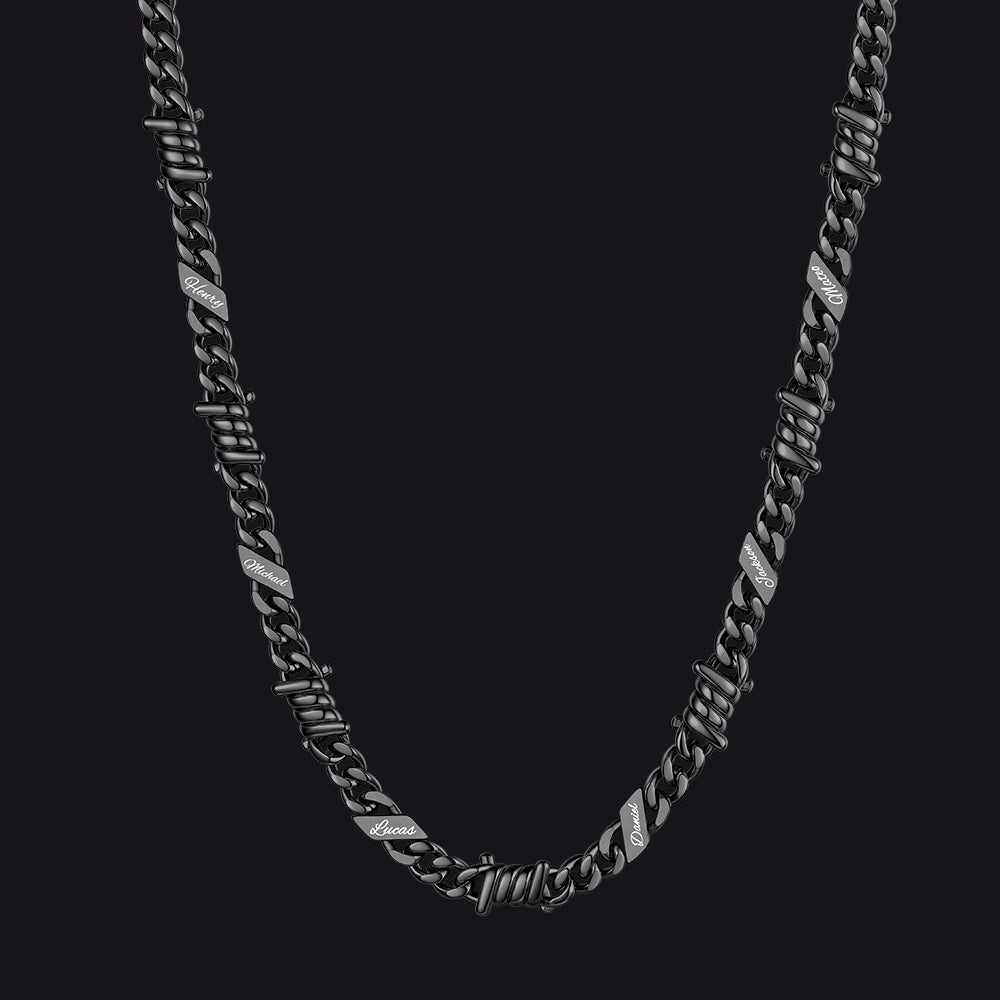 Custom name barbed gothic wire Cuban link chain necklace for men, black 7mm with 6 engraved names