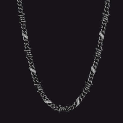 Custom name barbed gothic wire Cuban link chain necklace for men, black 7mm with 6 engraved names