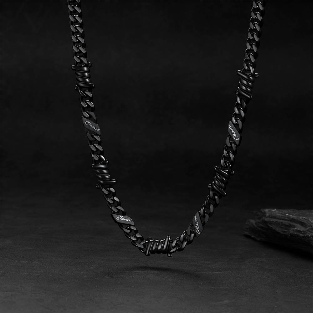 Custom engraved name on barbed gothic wire Cuban link chain necklace, personalized detail