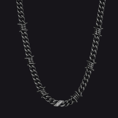 Custom name barbed gothic wire Cuban link chain necklace for men, black 9mm with 1 engraved name