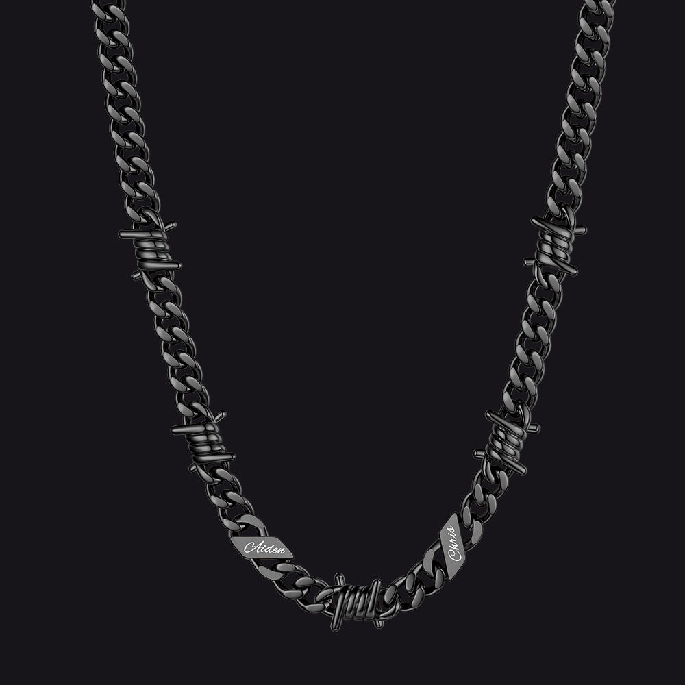 Custom name barbed gothic wire Cuban link chain necklace for men, black 9mm with 2 engraved names