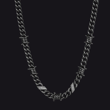 Custom name barbed gothic wire Cuban link chain necklace for men, black 9mm with 2 engraved names