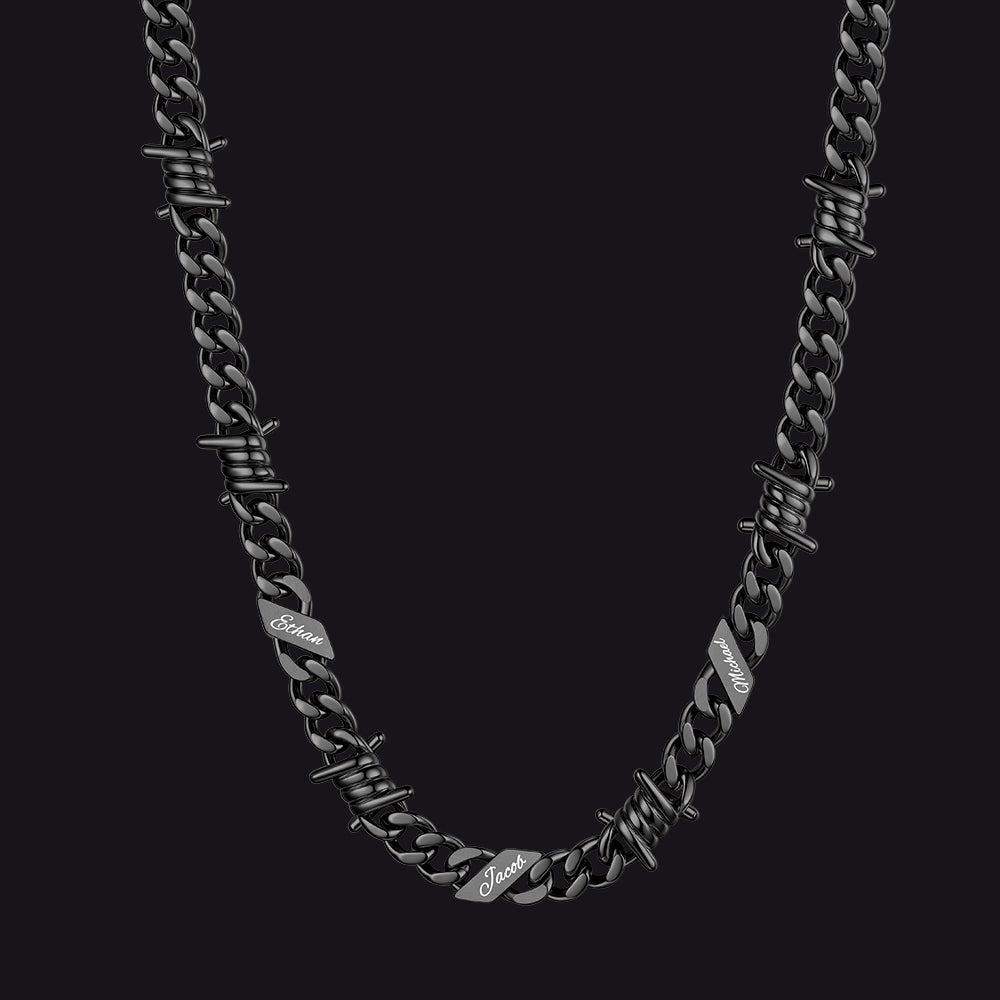 Custom name barbed gothic wire Cuban link chain necklace for men, black 9mm with 3 engraved names