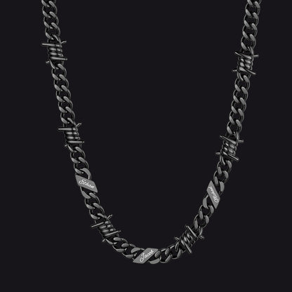Custom name barbed gothic wire Cuban link chain necklace for men, black 9mm with 3 engraved names