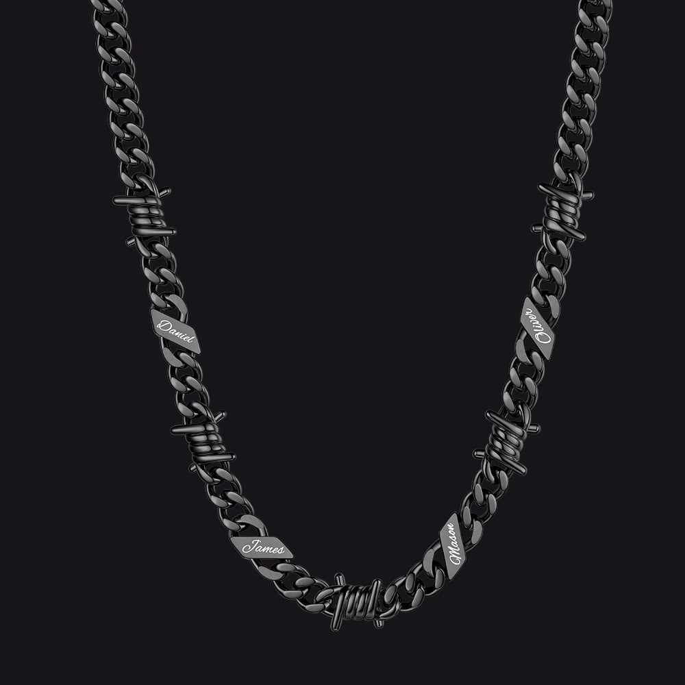 Custom name barbed gothic wire Cuban link chain necklace for men, black 9mm with 4 engraved names