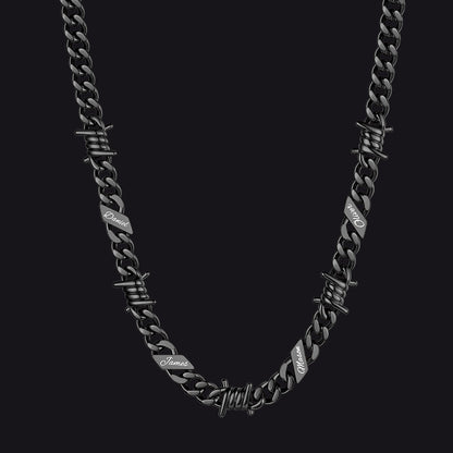 Custom name barbed gothic wire Cuban link chain necklace for men, black 9mm with 4 engraved names