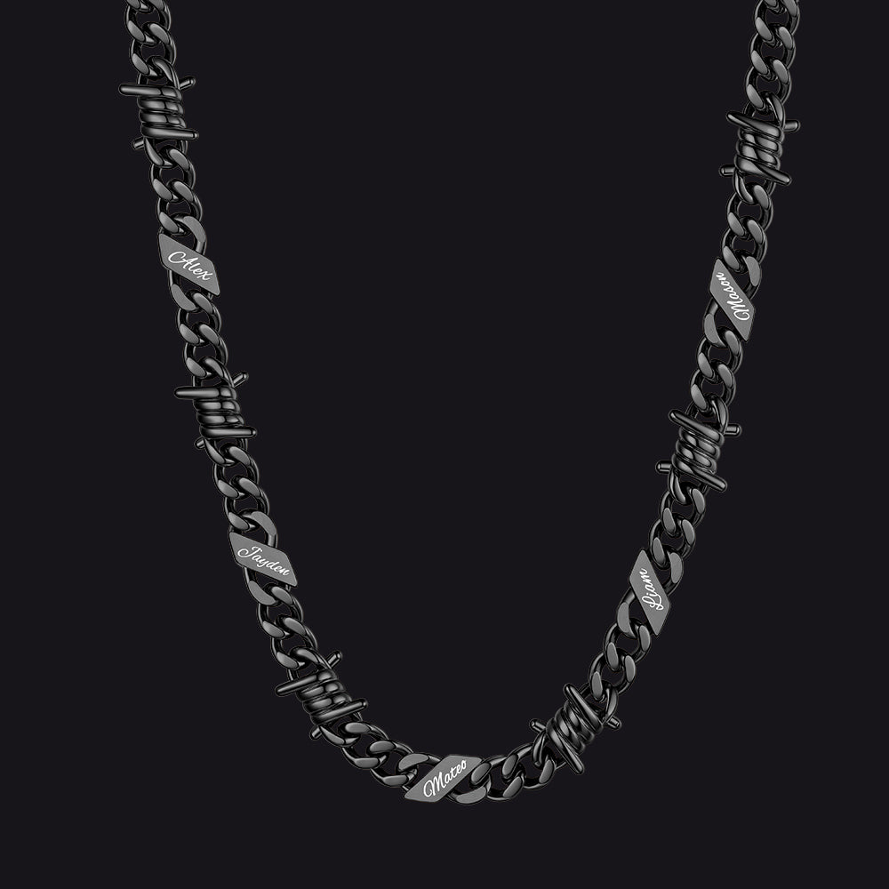 Custom name barbed gothic wire Cuban link chain necklace for men, black 9mm with 5 engraved names