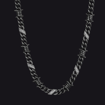 Custom name barbed gothic wire Cuban link chain necklace for men, black 9mm with 5 engraved names
