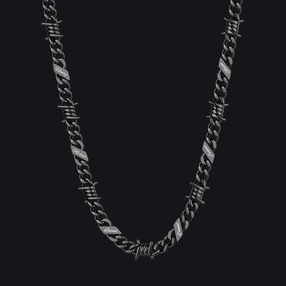 Custom name barbed gothic wire Cuban link chain necklace for men, black 9mm with 6 engraved names