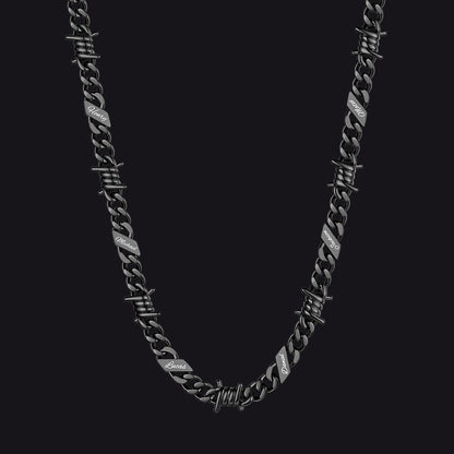 Custom name barbed gothic wire Cuban link chain necklace for men, black 9mm with 6 engraved names