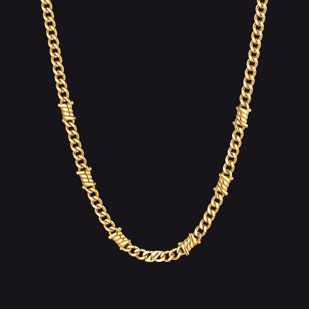 Custom name barbed gothic wire Cuban link chain necklace for men, 14k gold 5mm with 1 engraved name