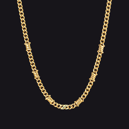 Custom name barbed gothic wire Cuban link chain necklace for men, 14k gold 5mm with 1 engraved name