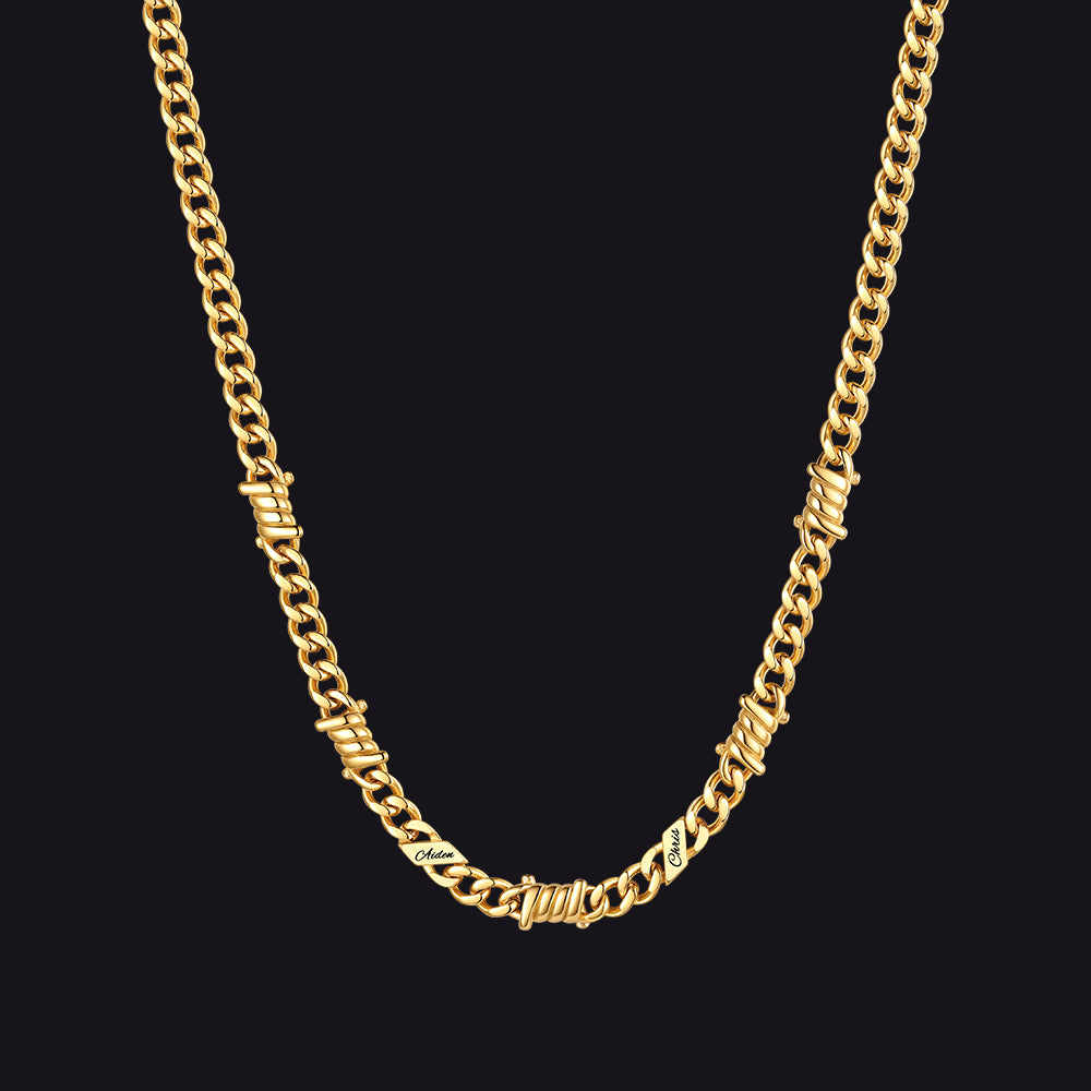 Custom name barbed gothic wire Cuban link chain necklace for men, 14k gold 5mm with 2 engraved names