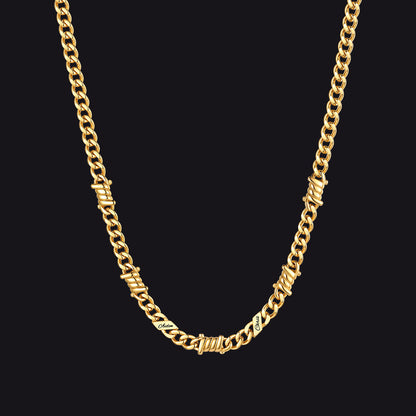 Custom name barbed gothic wire Cuban link chain necklace for men, 14k gold 5mm with 2 engraved names