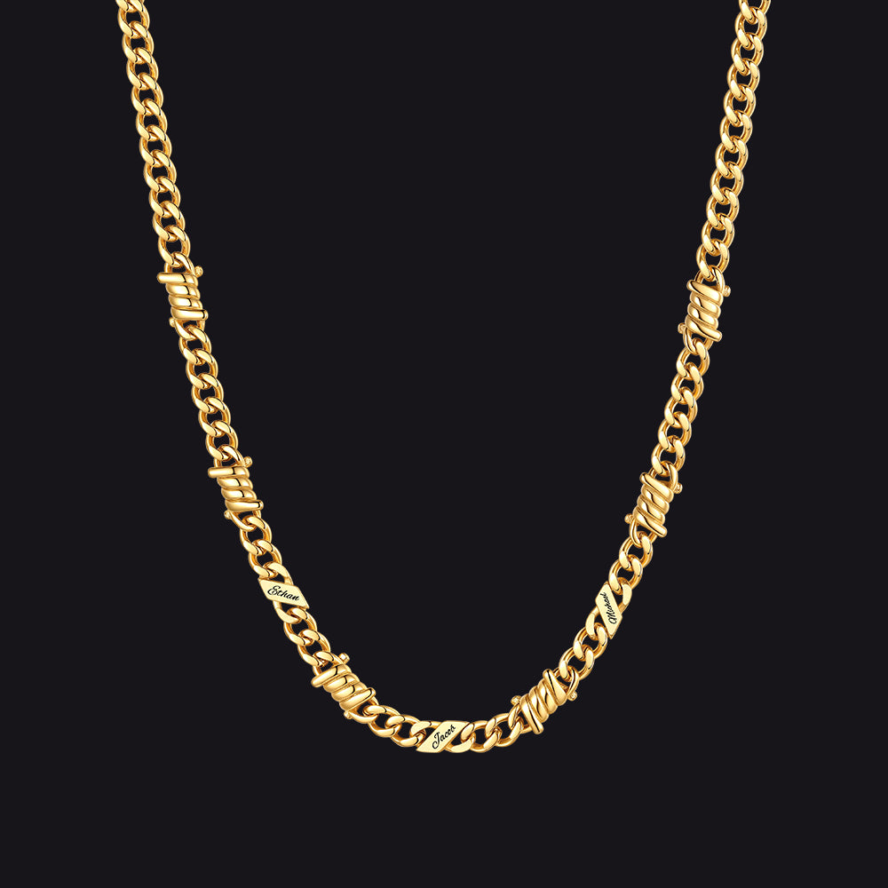 Custom name barbed gothic wire Cuban link chain necklace for men, 14k gold 5mm with 3 engraved names