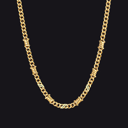 Custom name barbed gothic wire Cuban link chain necklace for men, 14k gold 5mm with 3 engraved names