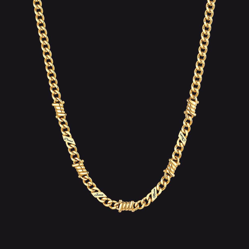 Custom name barbed gothic wire Cuban link chain necklace for men, 14k gold 5mm with 4 engraved names
