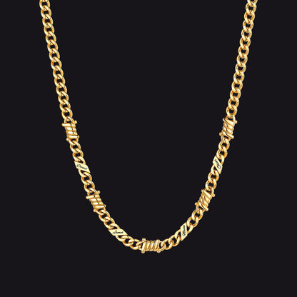 Custom name barbed gothic wire Cuban link chain necklace for men, 14k gold 5mm with 4 engraved names