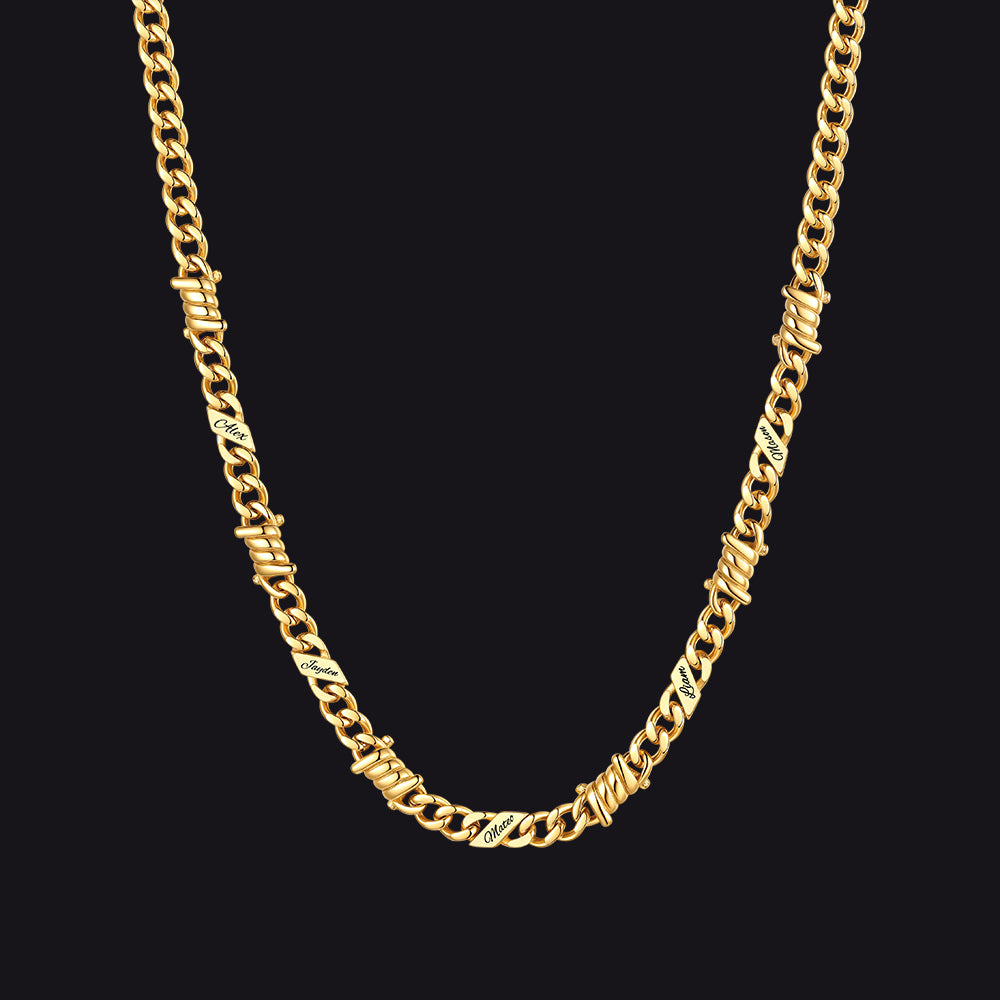 Custom name barbed gothic wire Cuban link chain necklace for men, 14k gold 5mm with 5 engraved names