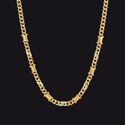 Custom name barbed gothic wire Cuban link chain necklace for men, 14k gold 5mm with 5 engraved names