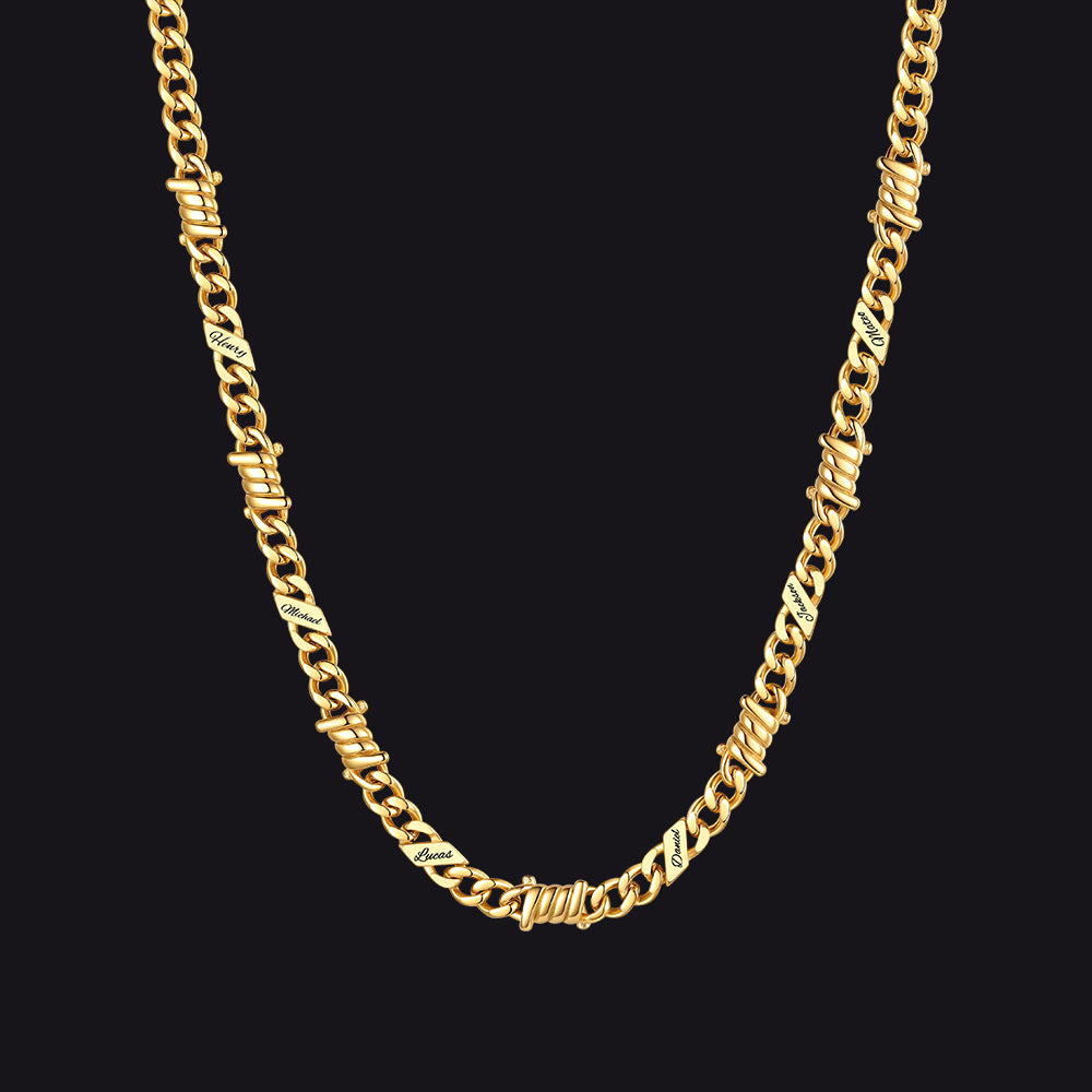 Custom name barbed gothic wire Cuban link chain necklace for men, 14k gold 5mm with 6 engraved names