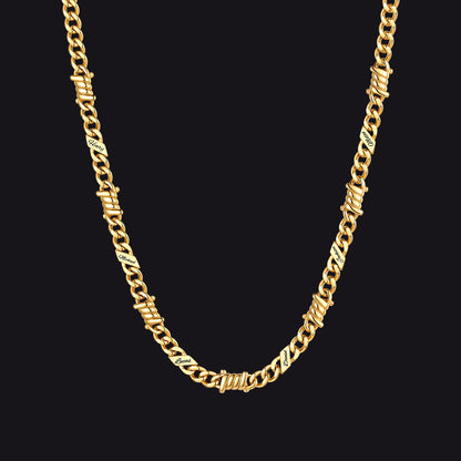 Custom name barbed gothic wire Cuban link chain necklace for men, 14k gold 5mm with 6 engraved names