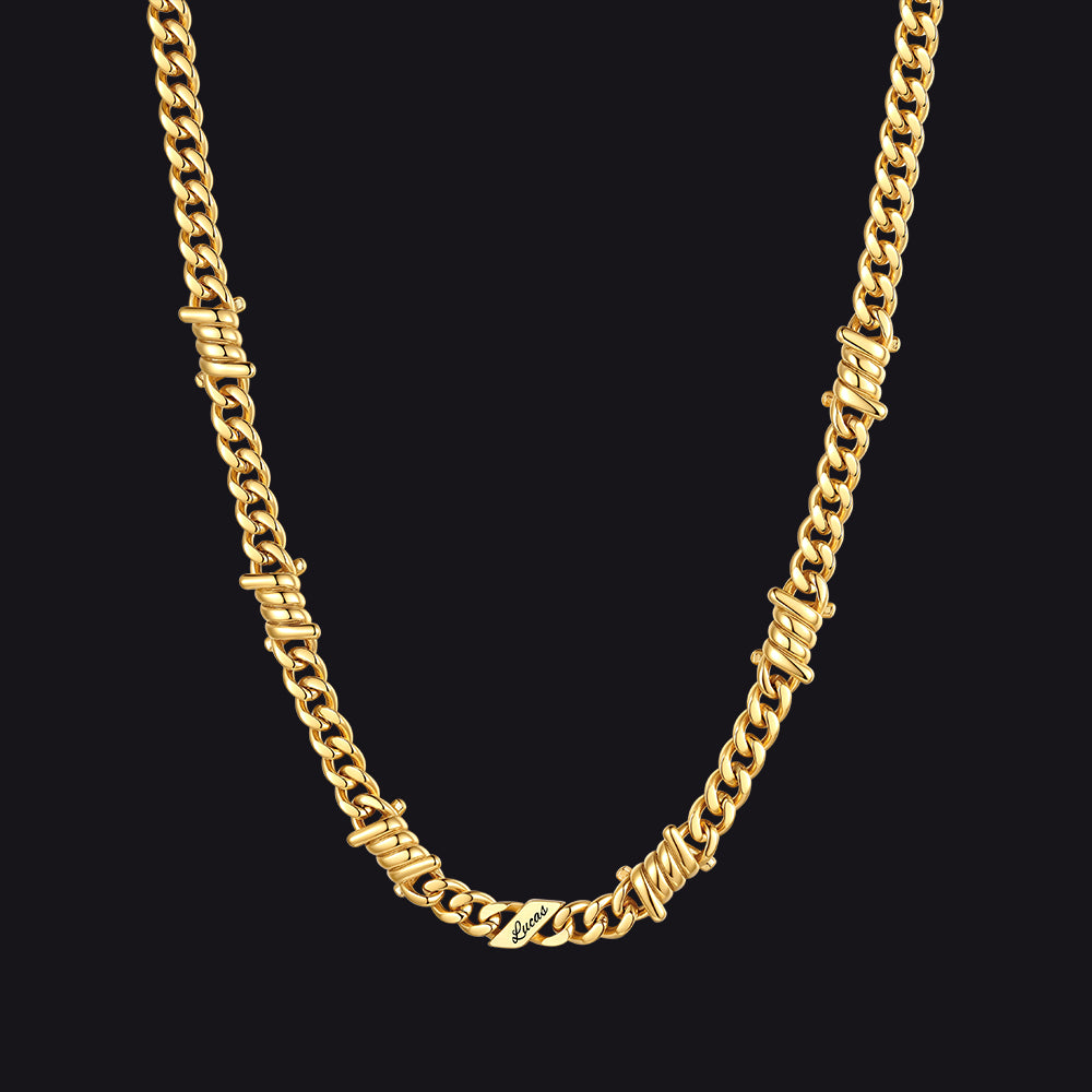 Custom name barbed gothic wire Cuban link chain necklace for men, 14k gold 7mm with 1 engraved name