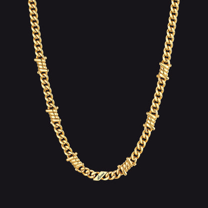 Custom name barbed gothic wire Cuban link chain necklace for men, 14k gold 7mm with 1 engraved name